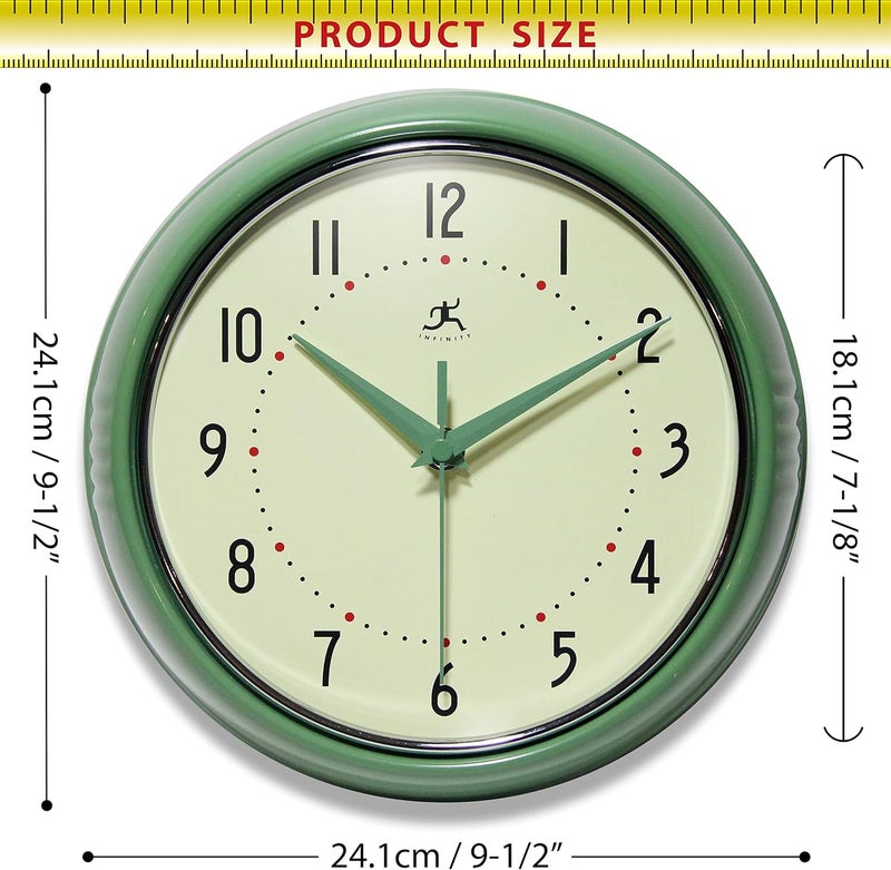 Infinity Instruments LTD. Retro 9 inch Silent Sweep Non-Ticking Mid Century Modern Kitchen Diner Wall Clock Quartz Movement Retro Wall Clock Decorative (Green)… - Image 4